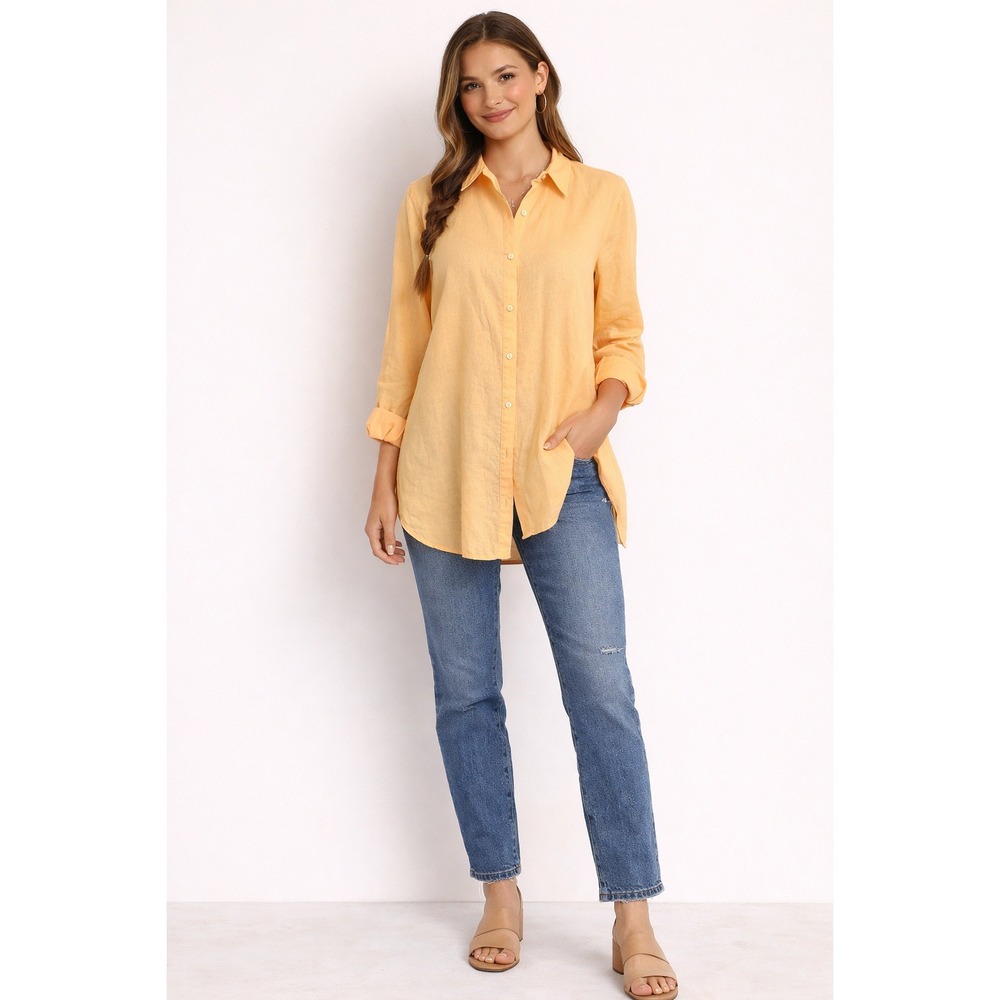 Eileen Fisher Apricot Orange 100% Organic Irish Linen Button Down Shirt Small